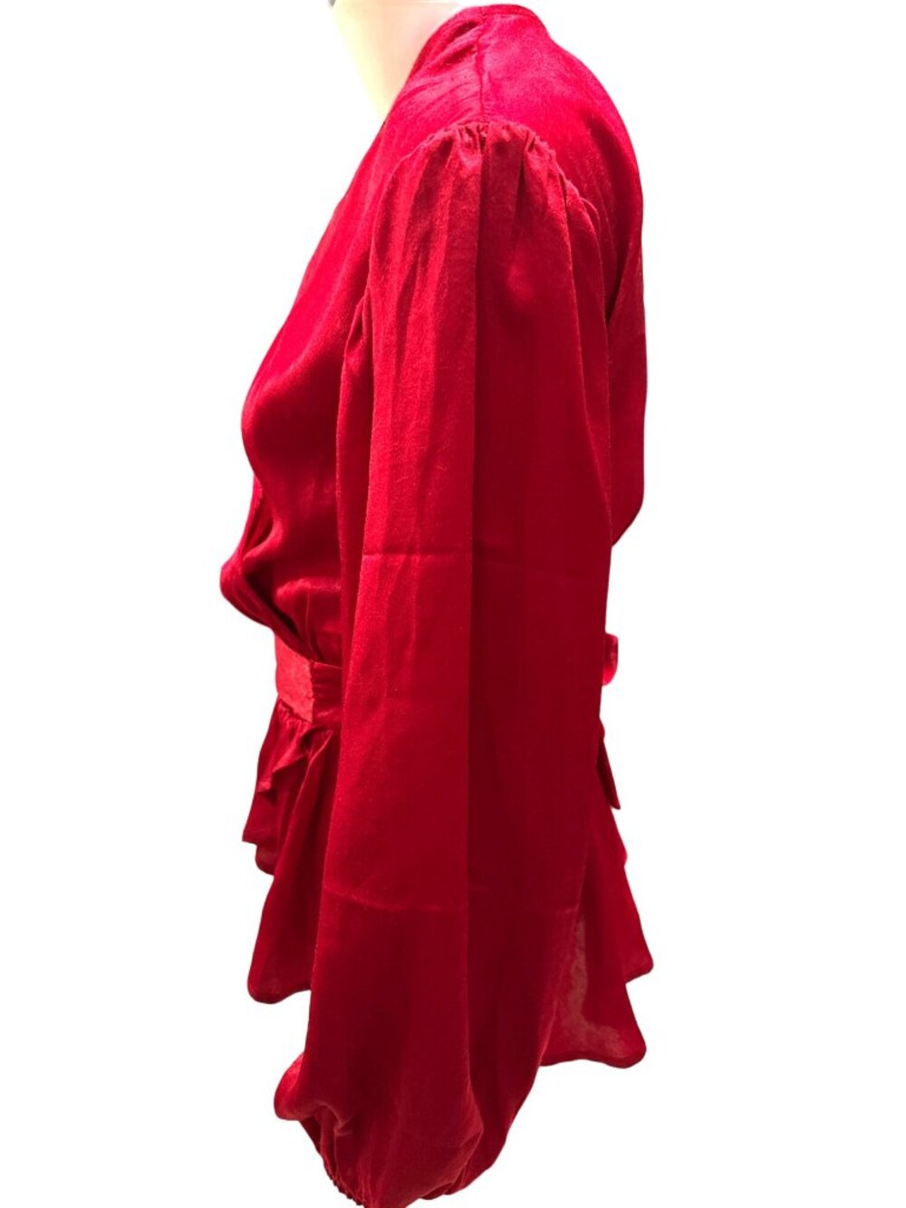 A Calin Size Sm Red Satin Wrap Blouse Peplum Balloon Sleeve Holiday Glamcore Top - Picture 3 of 10